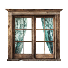 Canvas Print - Old wooden window with curtains, cut out