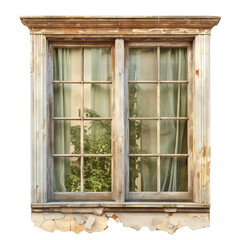 Canvas Print - Old wooden window with curtains, cut out