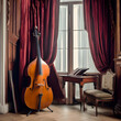 a cello stands near a velvet curtain in an ancient music salon
