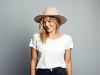 Wall Mural - A blonde woman posing for a t-shirt mockup, wearing a hat and a blank , clean white shirt