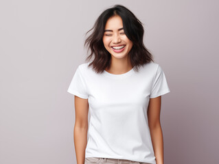 Wall Mural - asian woman model showing a T shirt mockup