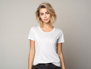 Wall Mural - A blonde woman posing for a t-shirt mockup, wearing a blank , clean white shirt