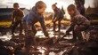 Joyful children in raincoats and rubber boots are splashing and playing in a large, muddy puddle after a rain shower, embodying the carefree spirit of a happy childhood spent outdoors.