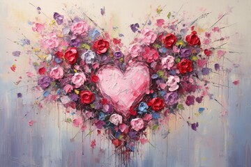 Wall Mural - palette knife textured painting roses with heart 