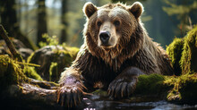 A Brown Bear In The Forest. Wild Brown Bear Ursus Arctos. Animal In Natural Habitat. Generative Ai