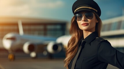 Wall Mural - Woman professional pilot airport officer wallpaper background