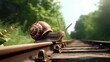 Snail on trail, funny animals, copy space, 16:9