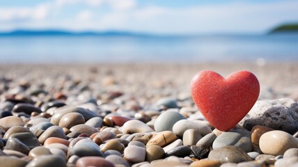 A vibrant red heart-shaped stone stands out against the multicolored pebbles of a beach