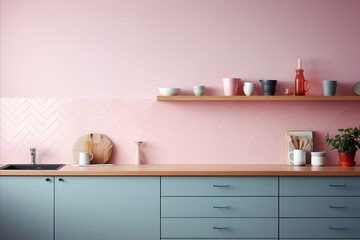 Wall Mural - Scandinavian Pink Kitchen Cabinets with Wooden Countertop and Herringbone Tiled Backsplash