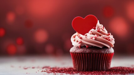 Wall Mural - A red velvet cupcake with a heart-shaped topper amidst red sprinkles