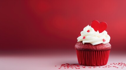 Wall Mural - A red velvet cupcake with white frosting and a red heart topper on a red backdrop