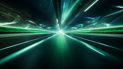 Wall Mural - 3D render of green light trails on highway. ai generated.