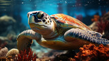 Fototapeta Do akwarium - a turtle plays near the surface in blue water. generative ai