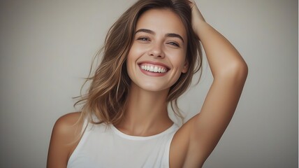 Closeup photo portrait of a beautiful young french model woman smiling with white teeth

