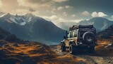 Fototapeta  - An exhilarating action shot capturing a rugged 4x4 vehicle engaged in offroading adventure, ascending a steep, muddy hill, showcasing the thrill and challenge of mudding.