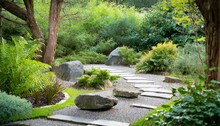 Zen Garden With Carefully Manicured Rocks A Meditative Pathway And Lush Greenery This Serene Space Provides A Peaceful Retreat For Reflection And Relaxation