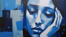 Blue Color Upset Portrait Background. Blue Monday, Mental Health, Loneliness Epidemic Concept. Illustration Art Of Sad Face For Poster, Print, Wallpaper, Cover.