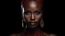 African Woman Wearing Traditional National Clothing And Head Wrapper. Black History Month Concept. Black Beautiful Lady Close-up Portrait Dressed In Colourful Cloth And Jewellery. .