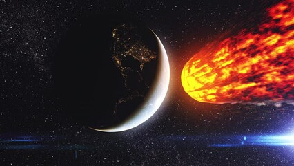 Wall Mural - massive burning asteroid heading planet earth cinematic view of meteor burning close to impact earth