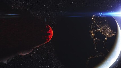 Wall Mural - giant burning asteroid heading planet earth cinematic view of meteor burning close to impact earth, 