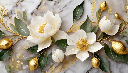 white and gold flowers and leaves on a marble background exquisite wedding texture for card celebration invitation wallpaper delicate floral illustration generative ai