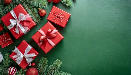 Wall Mural - christmas card with red gift boxes on green background arranged in a flat lay top view and text space