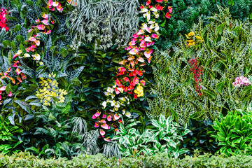 Canvas Print - travel to Georgia - garlands of fresh flowers on green bushes and trees on seaside boulevard in Batumi city in autumn