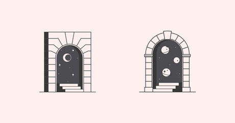 Wall Mural - Vector cosmic logo design templates with portal,steps,planets,outer space,moon and stars.Surreal abstract illustrations in trendy minimal outline style.Celestial emblems.Branding design templates.
