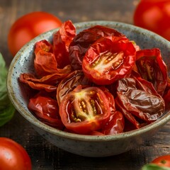 Wall Mural - dried tomatoes in a bowl on wooden table