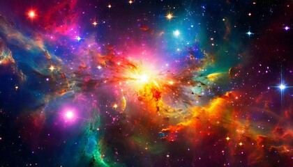 Wall Mural - a colorful nebula a large cluster of bright galaxies