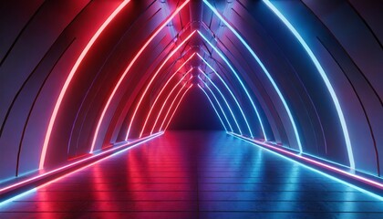 Wall Mural - 3d render red blue neon light illuminated corridor tunnel empty space ultraviolet light 80 s retro style fashion show stage abstract background