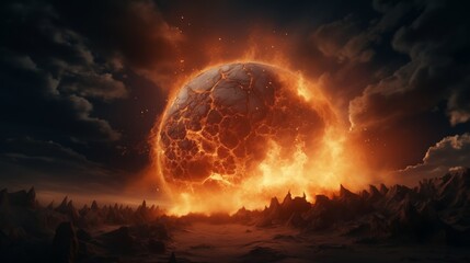 Wall Mural - the moon exploding/landing on earth, fire and fog, dim theme