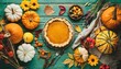 autumn thanksgiving moody background with pumpkin pie different pumpkins fall fruit and flowers on green rustic wooden table flat lay