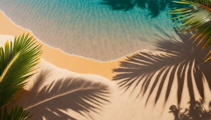 Wall Mural - summer beach day scene with tropical palms shadow on sand background minimal sunlight tropical flat lay arrangement