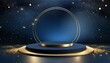 premium podium blue banner 3d copy black gold circle space round navy ring concept magic golden empty frame night render gradient mock your background abstract sky text stars