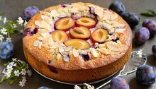 Homemade Plum And Almond Cake Made With Fresh Plums. Delicious Cake Beautifully Decorated In Vintage Style. Tasty Dessert. Generative