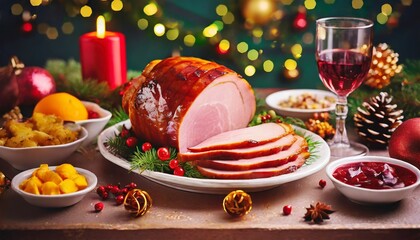 Wall Mural - glazed sliced ham on dinner table for thanksgiving christmas holiday dinner generative ai