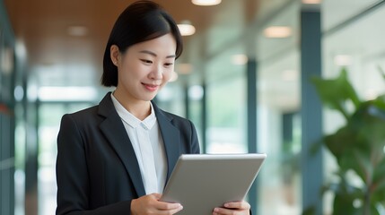 Wall Mural - korean business woman financial manager using digital tablet working in office. professional businesswoman executive holding tab technology device standing at work. generative AI