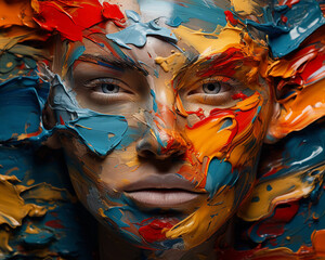 Wall Mural - Abstract composite portrait, artist’s face merging with a canvas of their own colorful brushstrokes