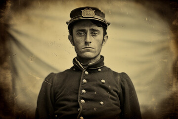 Wall Mural - Civil War era tintype portrait, soldier in Union uniform, kepi cap, earnest expression, aged patina effect, authentic civil war replica attire