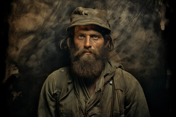 Wall Mural - explorer, rugged outdoor background, wearing a coonskin cap, dense beard, carrying navigational tools