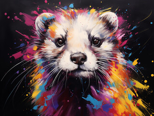 Wall Mural - A Vibrant Print of a Ferret Made of Brightly Colored Paint Splatters