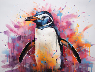 Sticker - A Vibrant Print of a Penguin Made of Brightly Colored Paint Splatters