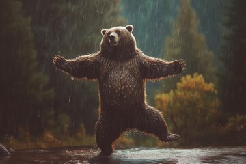 Wall Mural - Bear dancing in the rain, concept of Animal behavior