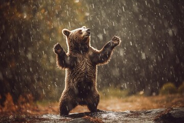 Wall Mural - Bear dancing in the rain, concept of Animal behavior