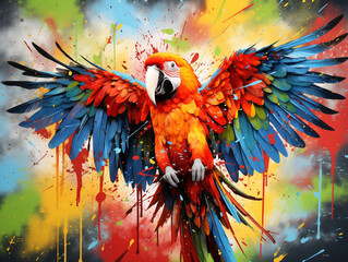 Wall Mural - A Vibrant Print of a Macaw Made of Brightly Colored Paint Splatters
