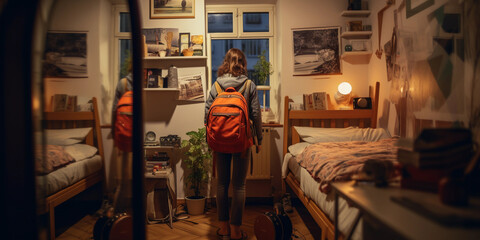 Wall Mural - Traveler’s mirror selfie in a cozy hostel, backpack visible, map in hand, reflection of a bunk bed and travel posters
