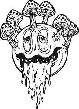 Psychedelic dripping magic mushroom emoticon monochrome vector illustrations for your work logo, merchandise t-shirt, stickers and label designs, poster, greeting cards advertising business company or