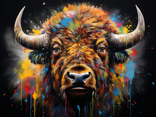 Wall Mural - A Vibrant Print of a Bison Made of Brightly Colored Paint Splatters