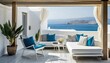 minimalist greek resort by the sea indoor outdoor space with lounging furniture with cushions and throw